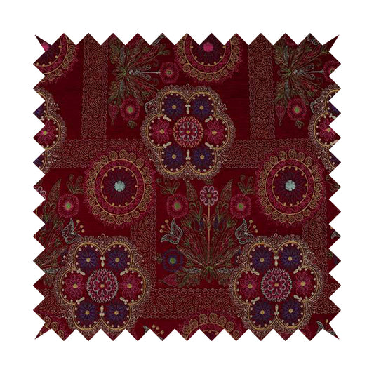 Zamorin Detailed Colourful Weave Patchwork Theme Pattern Red Multicoloured Chenille Fabric JO-1434