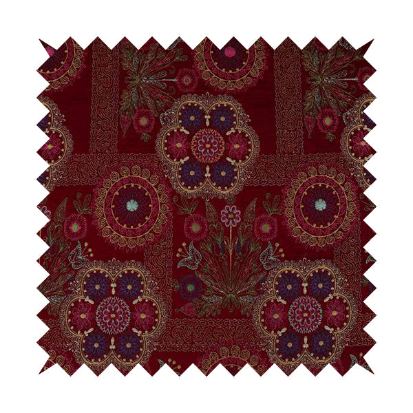 Zamorin Detailed Colourful Weave Patchwork Theme Pattern Red Multicoloured Chenille Fabric JO-1434 - Made To Measure Curtains