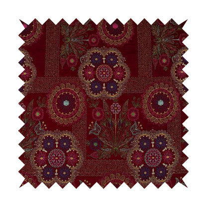 Zamorin Detailed Colourful Weave Patchwork Theme Pattern Red Multicoloured Chenille Fabric JO-1434 - Made To Measure Curtains