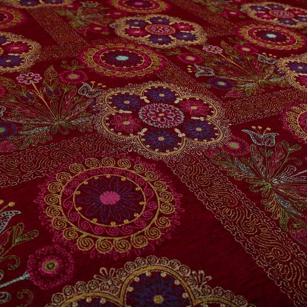 Zamorin Detailed Colourful Weave Patchwork Theme Pattern Red Multicoloured Chenille Fabric JO-1434 - Made To Measure Curtains