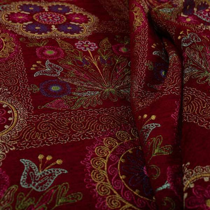 Zamorin Detailed Colourful Weave Patchwork Theme Pattern Red Multicoloured Chenille Fabric JO-1434 - Made To Measure Curtains