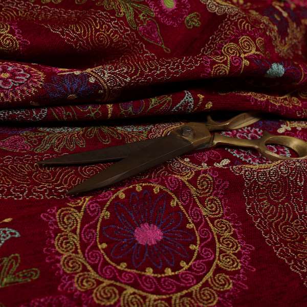 Zamorin Detailed Colourful Weave Patchwork Theme Pattern Red Multicoloured Chenille Fabric JO-1434 - Made To Measure Curtains