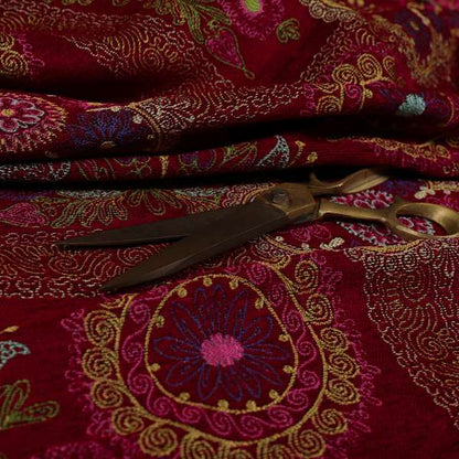 Zamorin Detailed Colourful Weave Patchwork Theme Pattern Red Multicoloured Chenille Fabric JO-1434 - Made To Measure Curtains