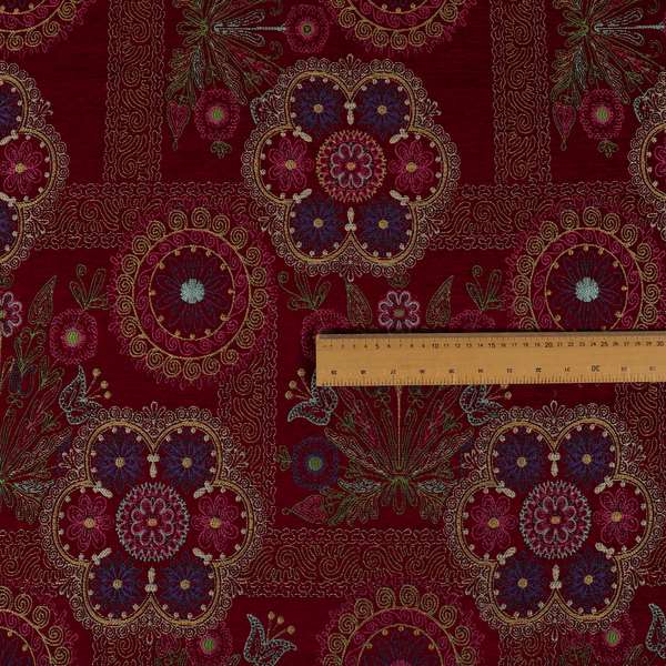 Zamorin Detailed Colourful Weave Patchwork Theme Pattern Red Multicoloured Chenille Fabric JO-1434 - Made To Measure Curtains