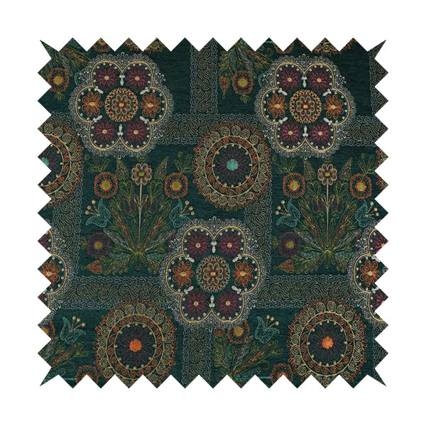 Zamorin Detailed Colourful Weave Patchwork Theme Pattern Teal Blue Multicoloured Chenille Fabric JO-1435 - Roman Blinds