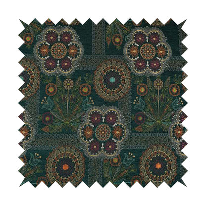 Zamorin Detailed Colourful Weave Patchwork Theme Pattern Teal Blue Multicoloured Chenille Fabric JO-1435