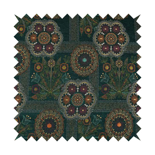 Zamorin Detailed Colourful Weave Patchwork Theme Pattern Teal Blue Multicoloured Chenille Fabric JO-1435