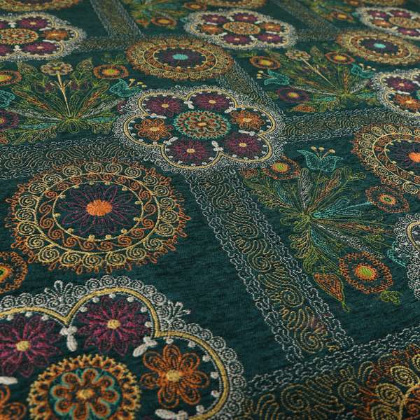 Zamorin Detailed Colourful Weave Patchwork Theme Pattern Teal Blue Multicoloured Chenille Fabric JO-1435