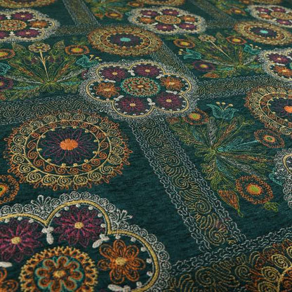 Zamorin Detailed Colourful Weave Patchwork Theme Pattern Teal Blue Multicoloured Chenille Fabric JO-1435