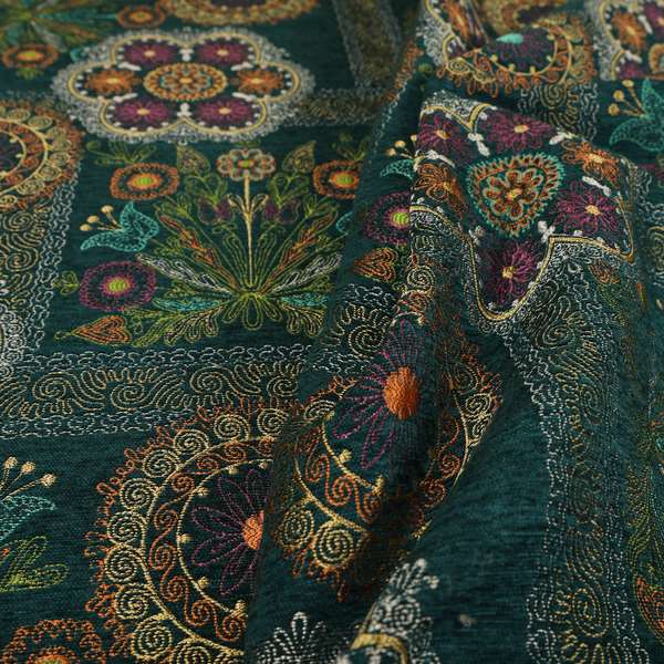 Zamorin Detailed Colourful Weave Patchwork Theme Pattern Teal Blue Multicoloured Chenille Fabric JO-1435