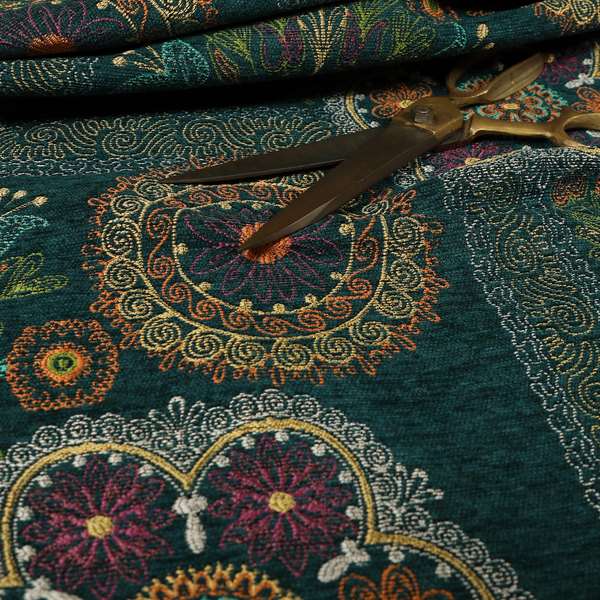 Zamorin Detailed Colourful Weave Patchwork Theme Pattern Teal Blue Multicoloured Chenille Fabric JO-1435