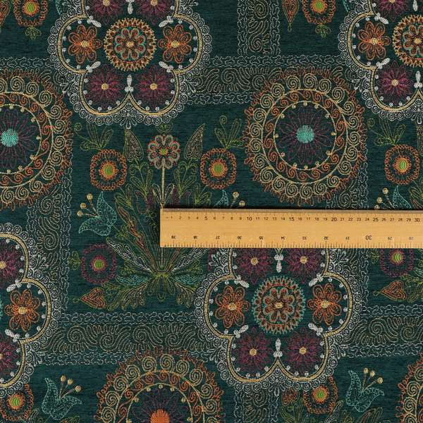 Zamorin Detailed Colourful Weave Patchwork Theme Pattern Teal Blue Multicoloured Chenille Fabric JO-1435