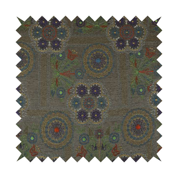 Zamorin Detailed Colourful Weave Patchwork Theme Pattern Grey Multicoloured Chenille Fabric JO-1436 - Roman Blinds