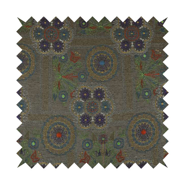 Zamorin Detailed Colourful Weave Patchwork Theme Pattern Grey Multicoloured Chenille Fabric JO-1436