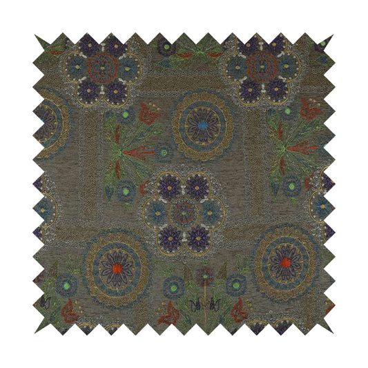 Zamorin Detailed Colourful Weave Patchwork Theme Pattern Grey Multicoloured Chenille Fabric JO-1436