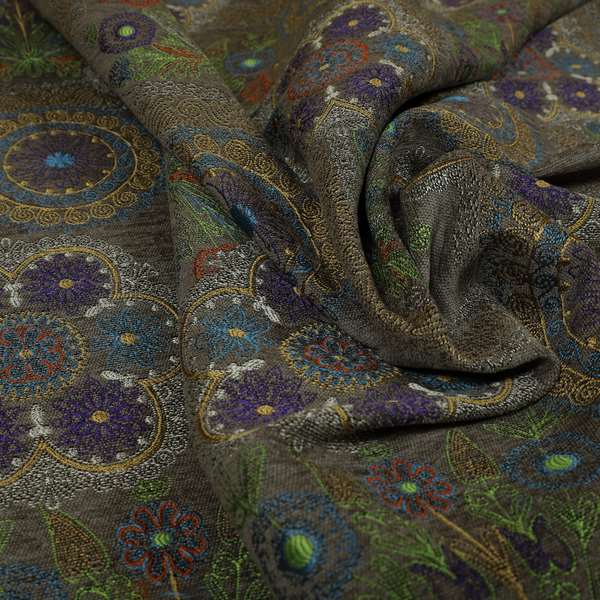 Zamorin Detailed Colourful Weave Patchwork Theme Pattern Grey Multicoloured Chenille Fabric JO-1436