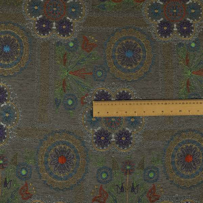 Zamorin Detailed Colourful Weave Patchwork Theme Pattern Grey Multicoloured Chenille Fabric JO-1436 - Roman Blinds