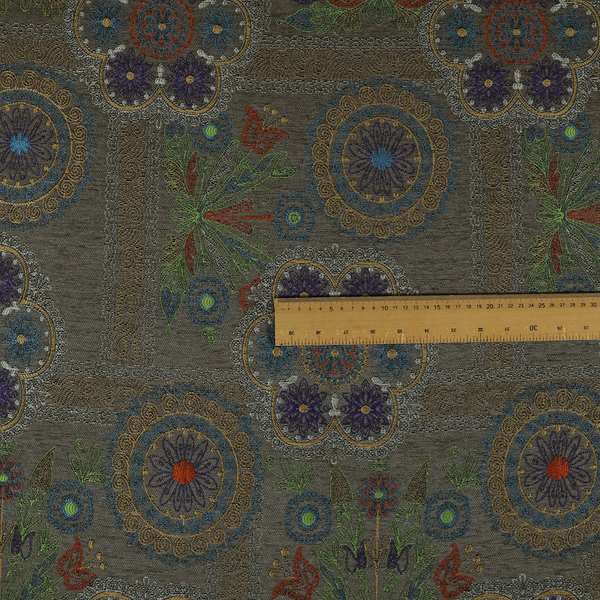 Zamorin Detailed Colourful Weave Patchwork Theme Pattern Grey Multicoloured Chenille Fabric JO-1436