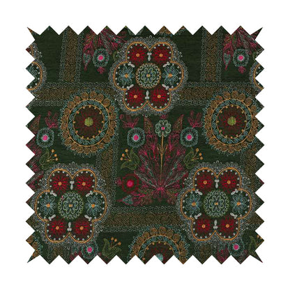 Zamorin Detailed Colourful Weave Patchwork Theme Pattern Green Multicoloured Chenille Fabric JO-1437 - Handmade Cushions