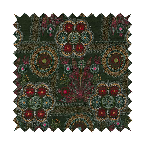 Zamorin Detailed Colourful Weave Patchwork Theme Pattern Green Multicoloured Chenille Fabric JO-1437 - Made To Measure Curtains