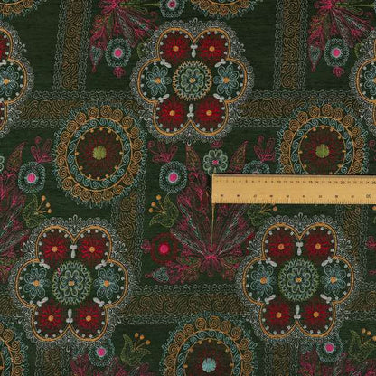 Zamorin Detailed Colourful Weave Patchwork Theme Pattern Green Multicoloured Chenille Fabric JO-1437