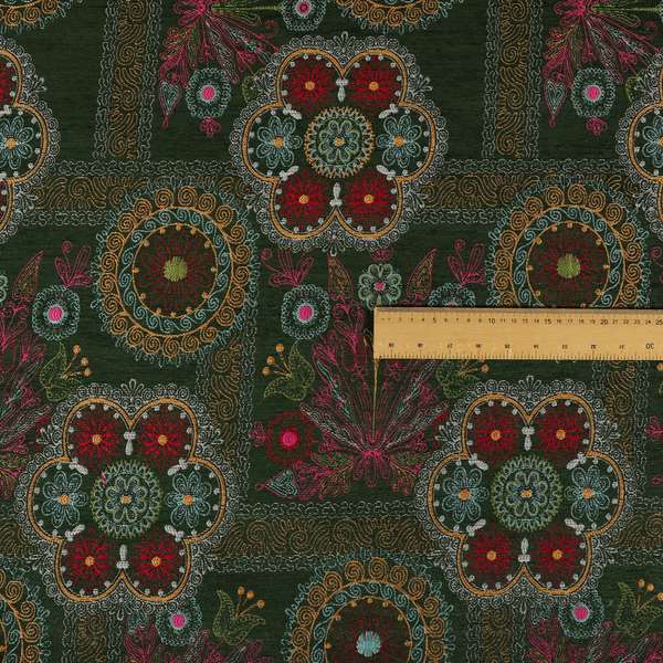 Zamorin Detailed Colourful Weave Patchwork Theme Pattern Green Multicoloured Chenille Fabric JO-1437 - Made To Measure Curtains