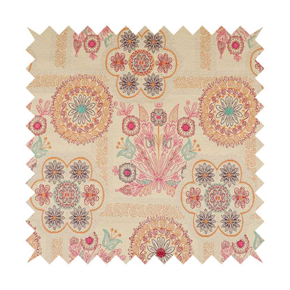 Zamorin Detailed Colourful Weave Patchwork Theme Pattern Cream Multicoloured Chenille Fabric JO-1438 - Made To Measure Curtains