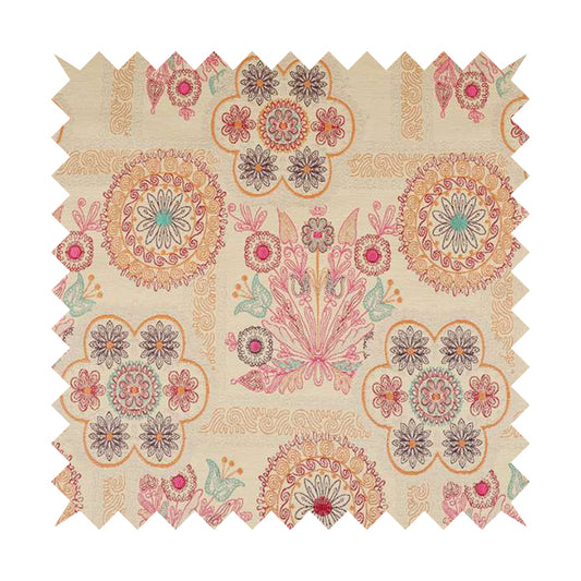 Zamorin Detailed Colourful Weave Patchwork Theme Pattern Cream Multicoloured Chenille Fabric JO-1438