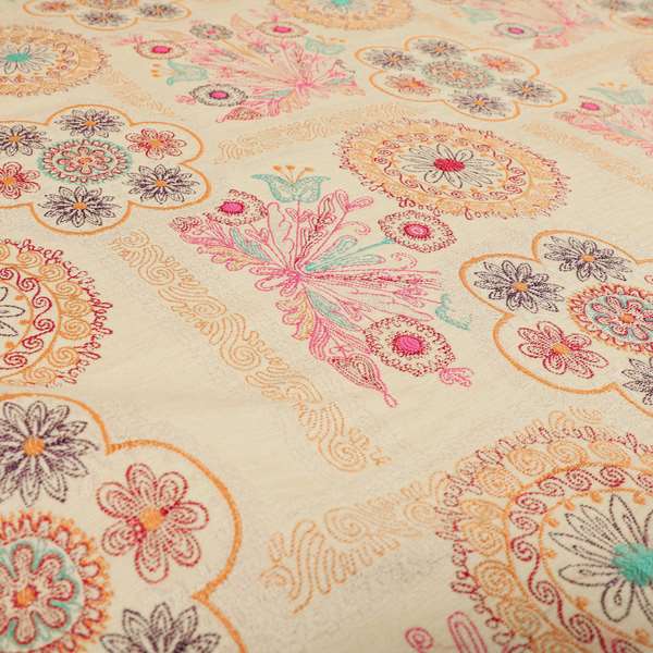 Zamorin Detailed Colourful Weave Patchwork Theme Pattern Cream Multicoloured Chenille Fabric JO-1438