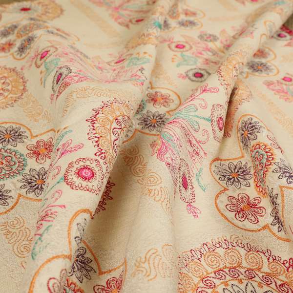 Zamorin Detailed Colourful Weave Patchwork Theme Pattern Cream Multicoloured Chenille Fabric JO-1438