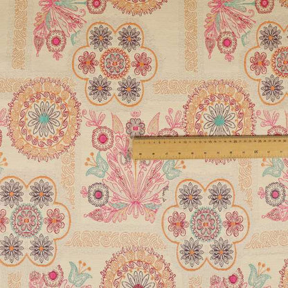 Zamorin Detailed Colourful Weave Patchwork Theme Pattern Cream Multicoloured Chenille Fabric JO-1438 - Roman Blinds