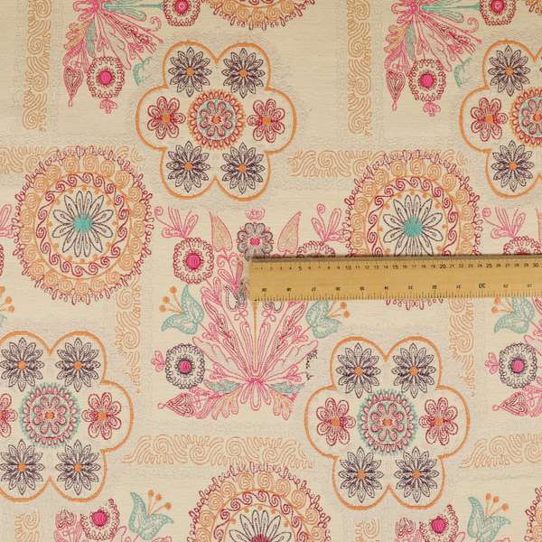 Zamorin Detailed Colourful Weave Patchwork Theme Pattern Cream Multicoloured Chenille Fabric JO-1438