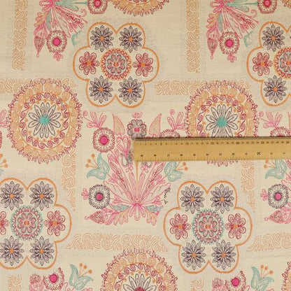 Zamorin Detailed Colourful Weave Patchwork Theme Pattern Cream Multicoloured Chenille Fabric JO-1438