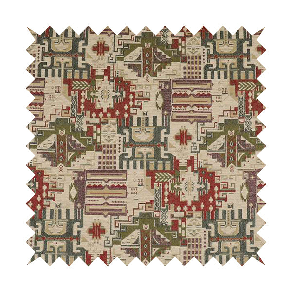 Zoque Kilim Tribal Theme Patchwork Intricate Pattern Cream Colour Chenille Fabric JO-1439 - Roman Blinds