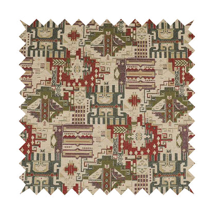 Zoque Kilim Tribal Theme Patchwork Intricate Pattern Cream Colour Chenille Fabric JO-1439