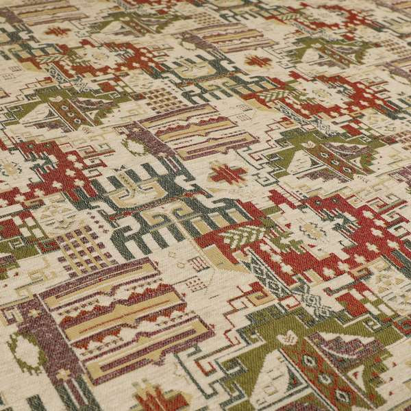 Zoque Kilim Tribal Theme Patchwork Intricate Pattern Cream Colour Chenille Fabric JO-1439 - Roman Blinds