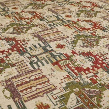 Zoque Kilim Tribal Theme Patchwork Intricate Pattern Cream Colour Chenille Fabric JO-1439