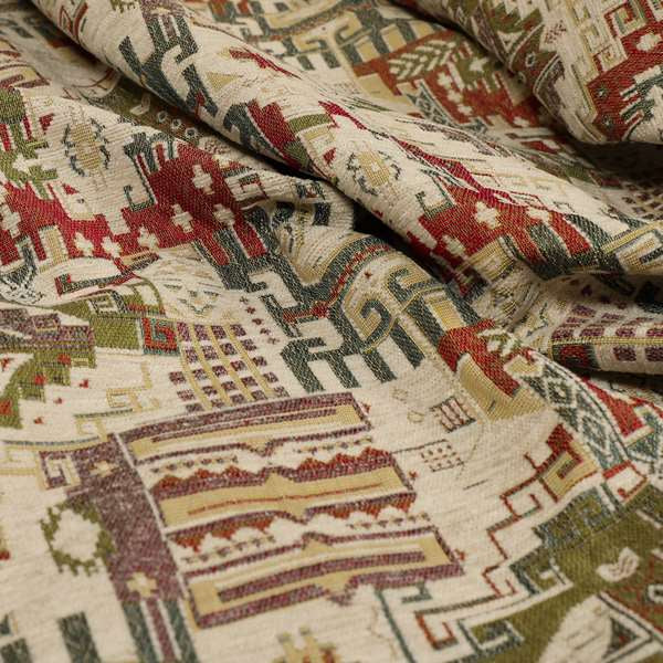 Zoque Kilim Tribal Theme Patchwork Intricate Pattern Cream Colour Chenille Fabric JO-1439 - Roman Blinds