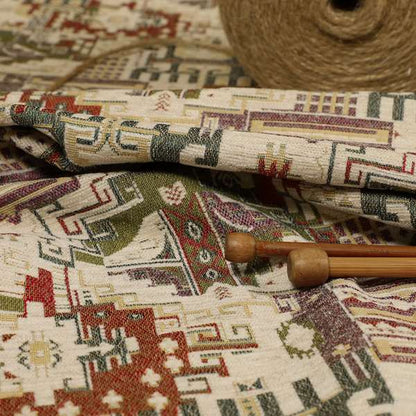 Zoque Kilim Tribal Theme Patchwork Intricate Pattern Cream Colour Chenille Fabric JO-1439 - Roman Blinds