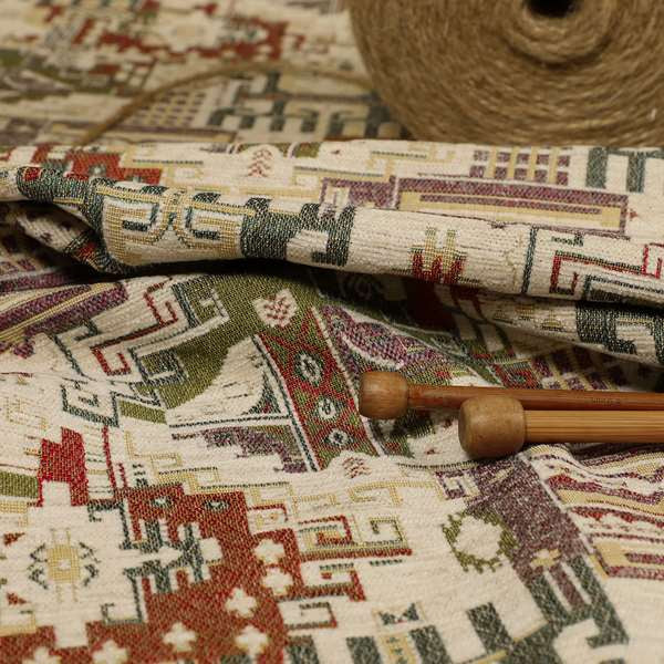 Zoque Kilim Tribal Theme Patchwork Intricate Pattern Cream Colour Chenille Fabric JO-1439 - Made To Measure Curtains