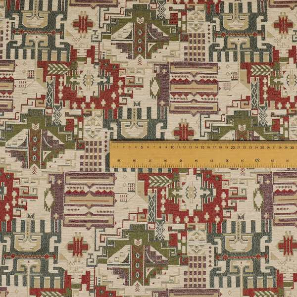 Zoque Kilim Tribal Theme Patchwork Intricate Pattern Cream Colour Chenille Fabric JO-1439 - Roman Blinds