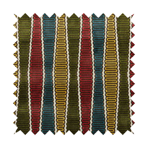 Ziani Designer Eclipsed Striped Pattern In Vibrant Yellow Blue Brown Red Green Colour Velvet Upholstery Fabric JO-144 - Made To Measure Curtains