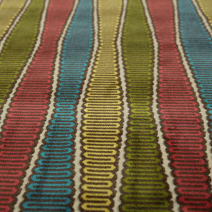 Ziani Designer Eclipsed Striped Pattern In Vibrant Yellow Blue Brown Red Green Colour Velvet Upholstery Fabric JO-144 - Made To Measure Curtains