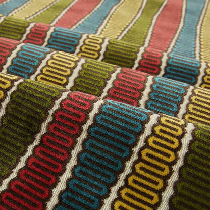 Ziani Designer Eclipsed Striped Pattern In Vibrant Yellow Blue Brown Red Green Colour Velvet Upholstery Fabric JO-144 - Made To Measure Curtains