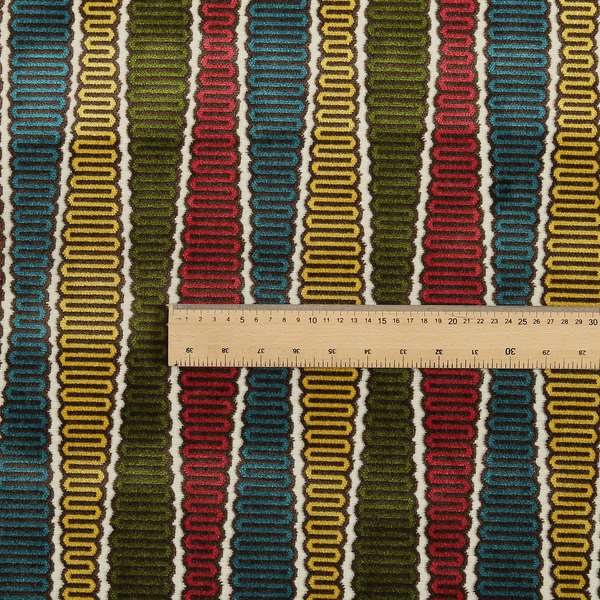 Ziani Designer Eclipsed Striped Pattern In Vibrant Yellow Blue Brown Red Green Colour Velvet Upholstery Fabric JO-144 - Made To Measure Curtains