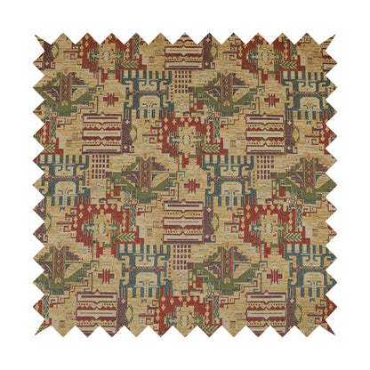 Zoque Kilim Tribal Theme Patchwork Intricate Pattern Beige Colour Chenille Fabric JO-1440 - Made To Measure Curtains