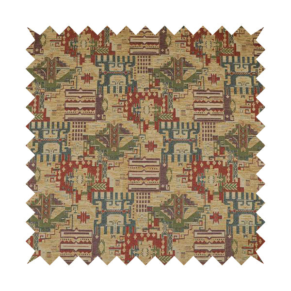 Zoque Kilim Tribal Theme Patchwork Intricate Pattern Beige Colour Chenille Fabric JO-1440