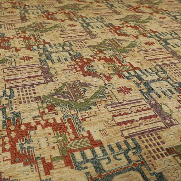 Zoque Kilim Tribal Theme Patchwork Intricate Pattern Beige Colour Chenille Fabric JO-1440 - Roman Blinds