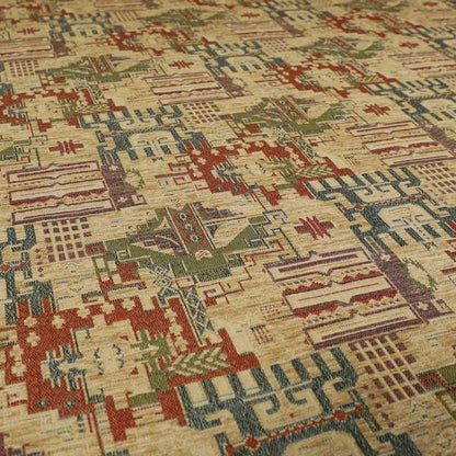 Zoque Kilim Tribal Theme Patchwork Intricate Pattern Beige Colour Chenille Fabric JO-1440