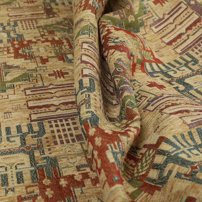 Zoque Kilim Tribal Theme Patchwork Intricate Pattern Beige Colour Chenille Fabric JO-1440 - Roman Blinds